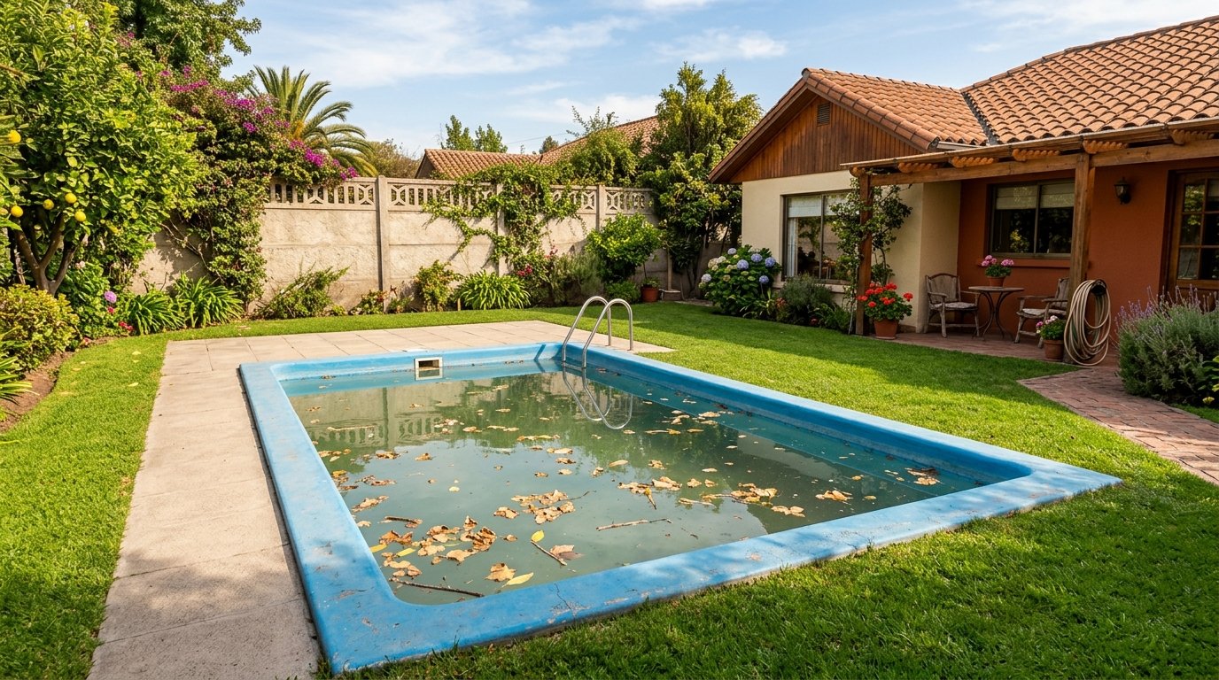Piscina sucia con agua verde antes del servicio de recuperación